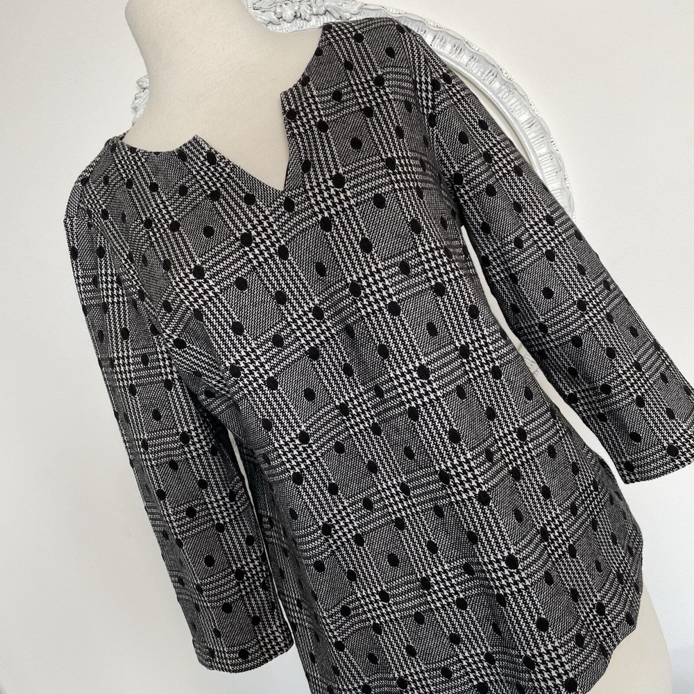 Talbots Womens Plaid Polka Dot 3/4 Sleeve Shirt Top Blouse Grey Office Petite L